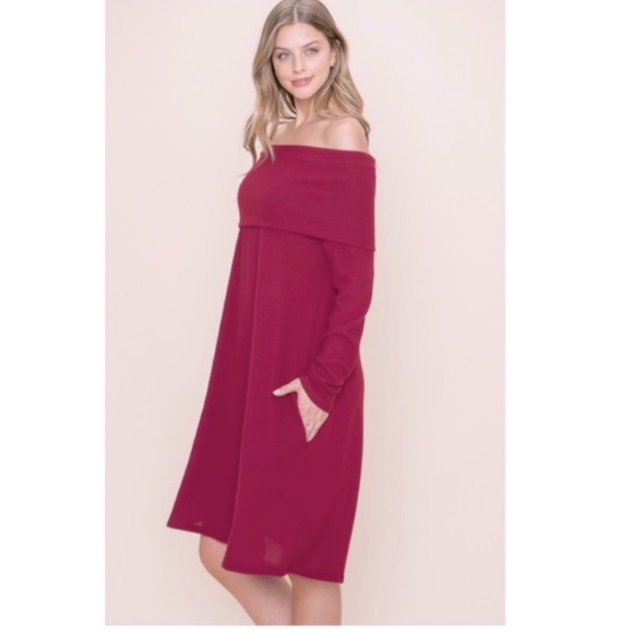 Cranberry Off the Shoulder Long Sleeved Dress - Picture 2 of 4